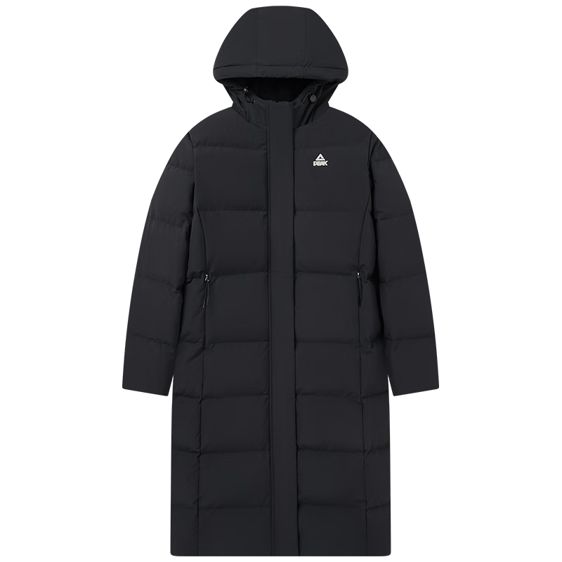 匹克驭雪羽绒服长款三防羽绒服女新款保暖通勤百搭长款过膝连帽外套 黑色 M