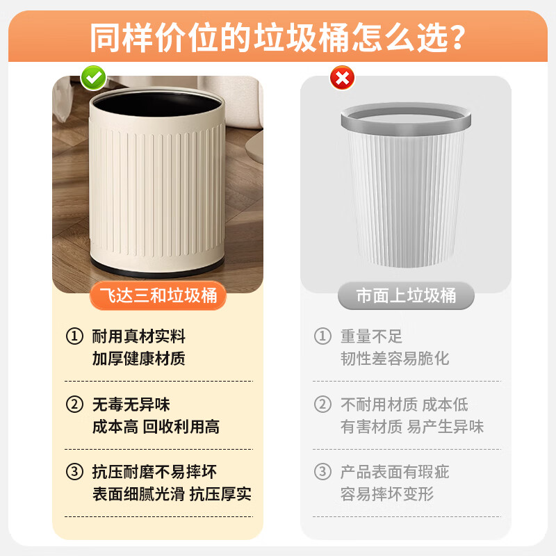 飞达三和垃圾桶家用客厅高颜值厨房厕所卧室大容量现代简约大号无盖垃圾桶 15L【薄荷绿】+100只垃圾袋