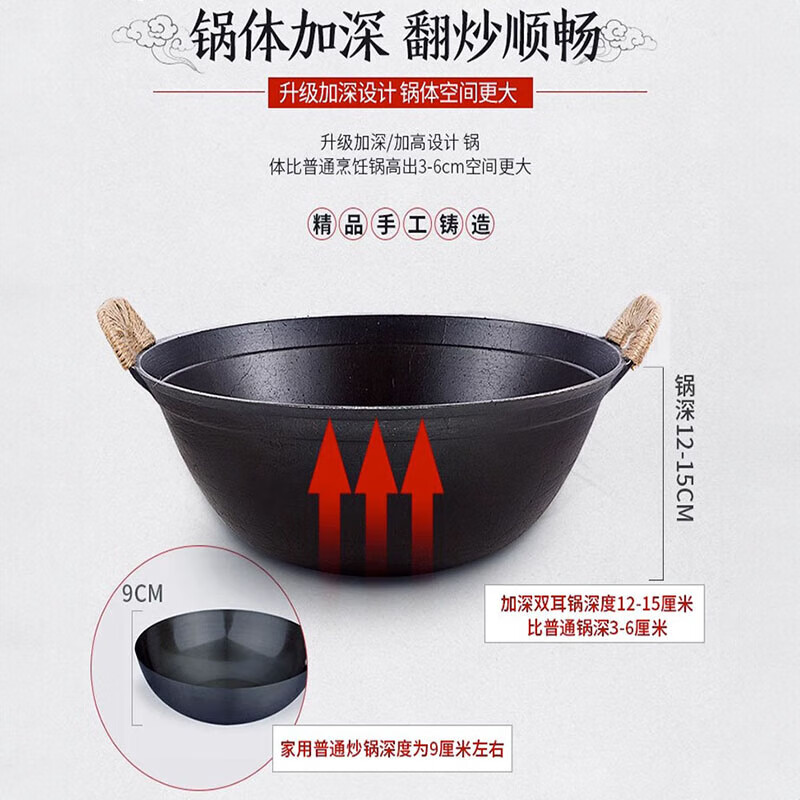 cmlziua传统老式双耳铸生铁锅无涂层家用炒菜加厚农村柴火灶燃气大炒菜锅 32cm古法手工款 （已开锅） 32cm