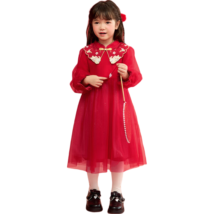 巴拉巴拉女童新中式针织连衣裙2025春装红色网纱公主拜年裙子208125111006