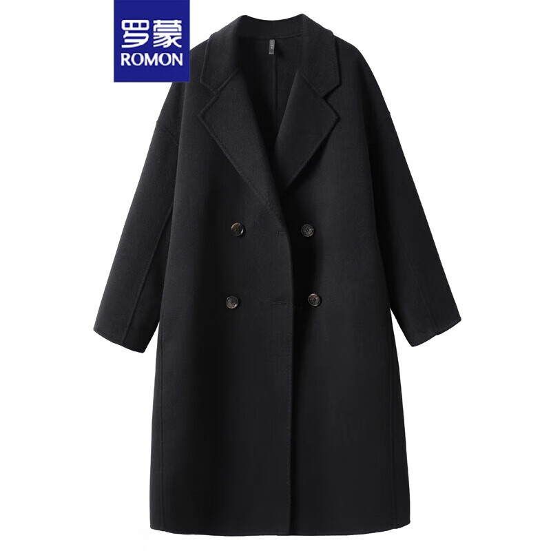 罗蒙双面羊毛呢子大衣女中长款秋冬新款高端韩系赫本风小个子毛呢外套 黑色 M 推荐 100-120斤