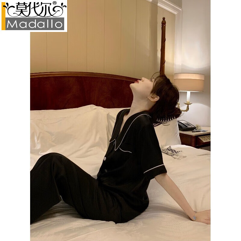 莫代尔简约凉感冰丝睡衣女夏季短袖可外穿两件套装高级感2026新款家居服 黑色 L （建议100-120斤）