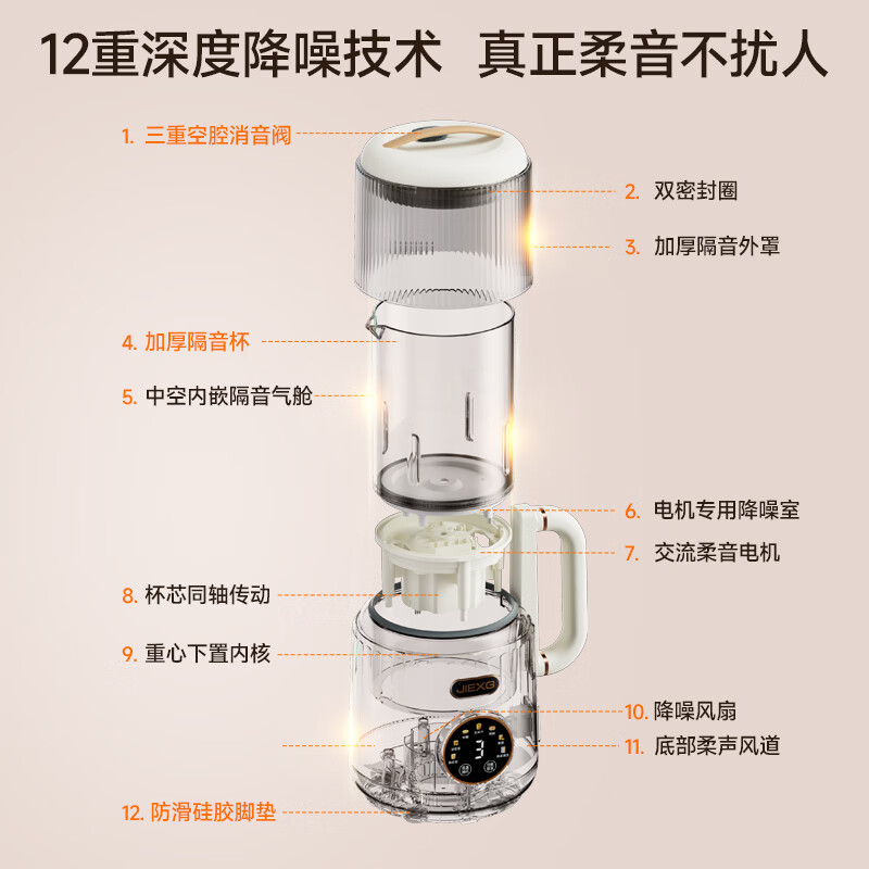 JIEXG破壁机豆浆机低音家用升级降音罩小型迷你多功能1.2L全自动免煮五谷杂粮免泡 1.2L+12精钢刀头+隔音仓【高硼硅玻璃】紫色
