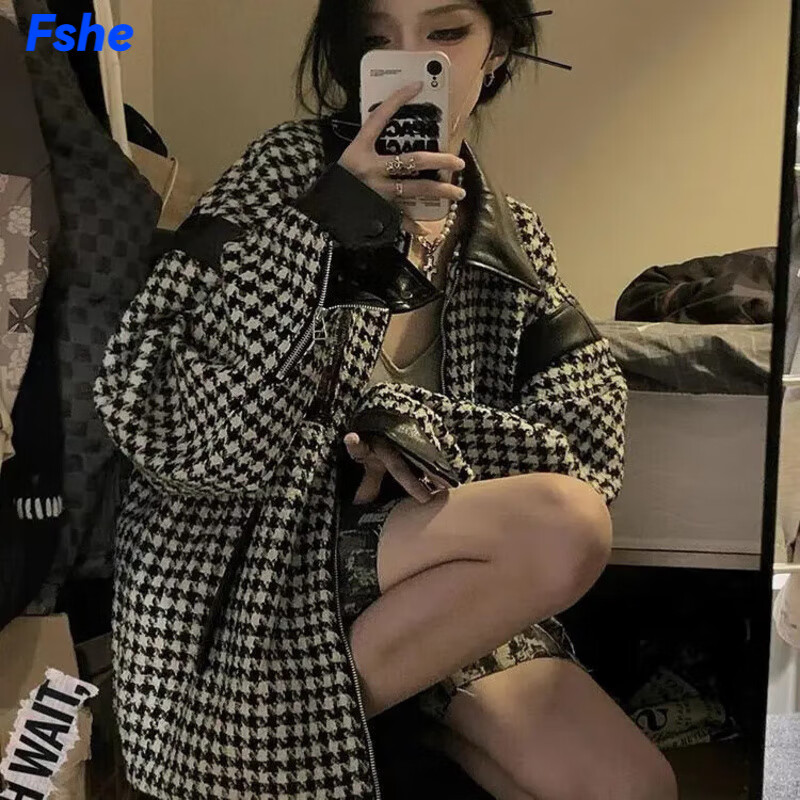 FSHE小香风千鸟格子外套女春秋2025新款设计感小众炸街夹克女上衣ins 黑色/春秋款_小香风棒球服 XL _适合121-135斤