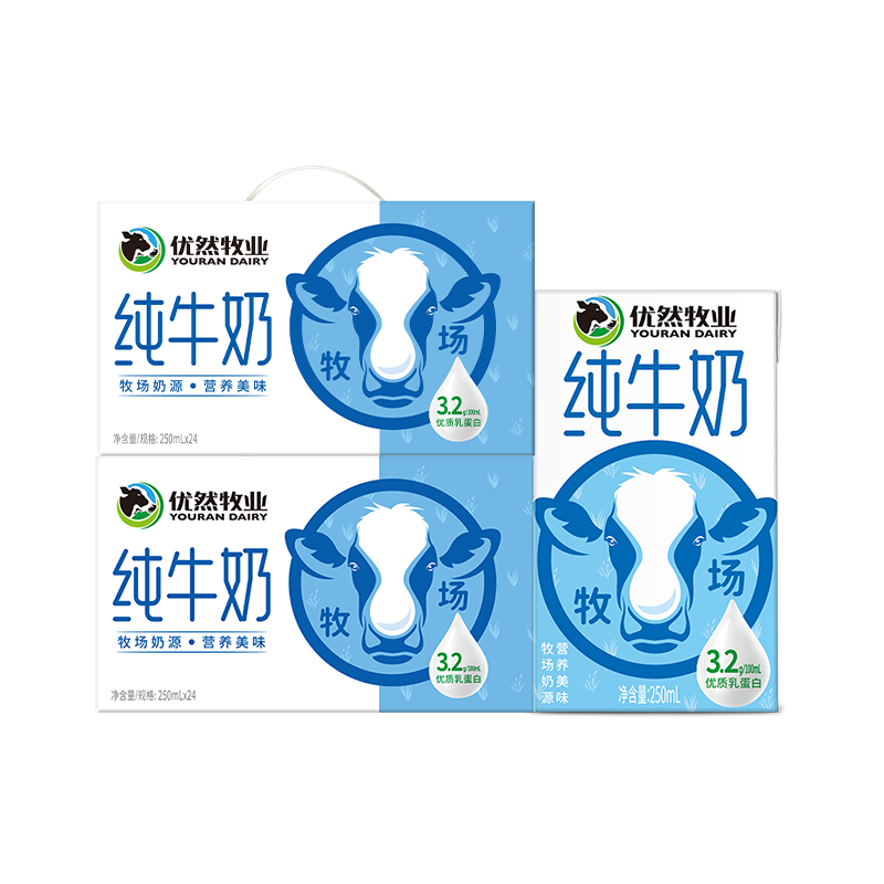 闭眼买、plus会员、小程序：优然牧业 纯牛奶250ml*24盒*2提