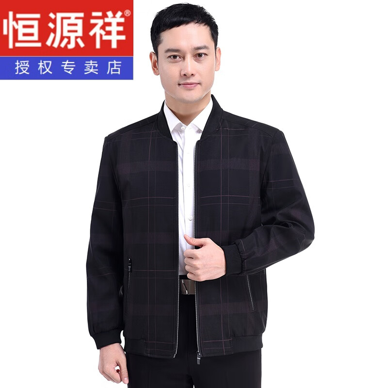 恒源祥春裝上衣男寬松休閑夾克外套男中老年立領(lǐng)爸爸春款外套男中年男士 大方格紅-春秋款 M 165【90-100斤】