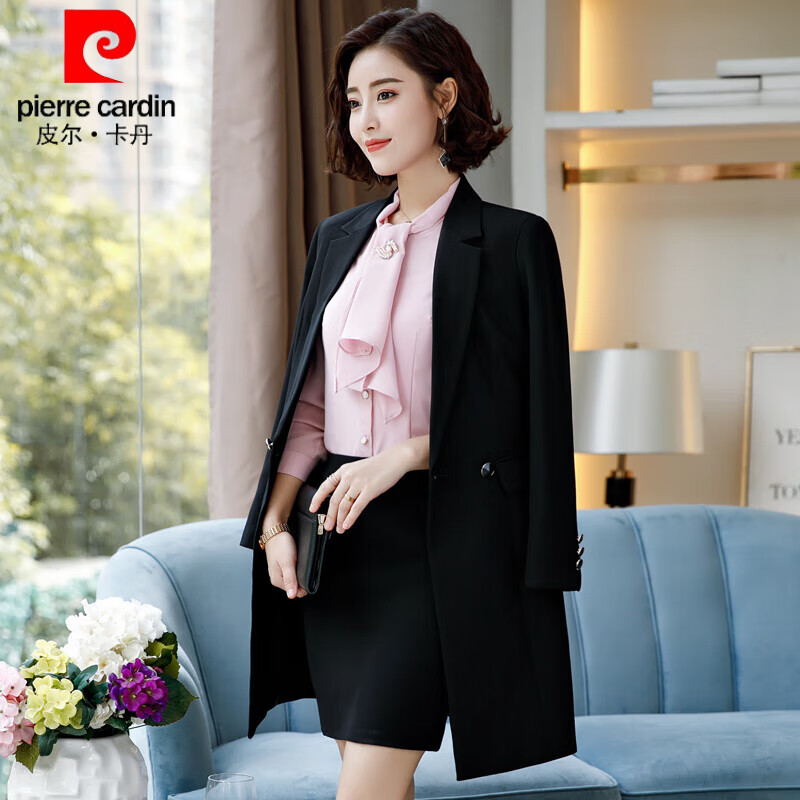 皮爾卡丹（pierre cardin）職業(yè)小西裝套裝女秋冬韓版風(fēng)衣外套正裝工作服氣質(zhì)中長(zhǎng)款西服 黑色:外套 S