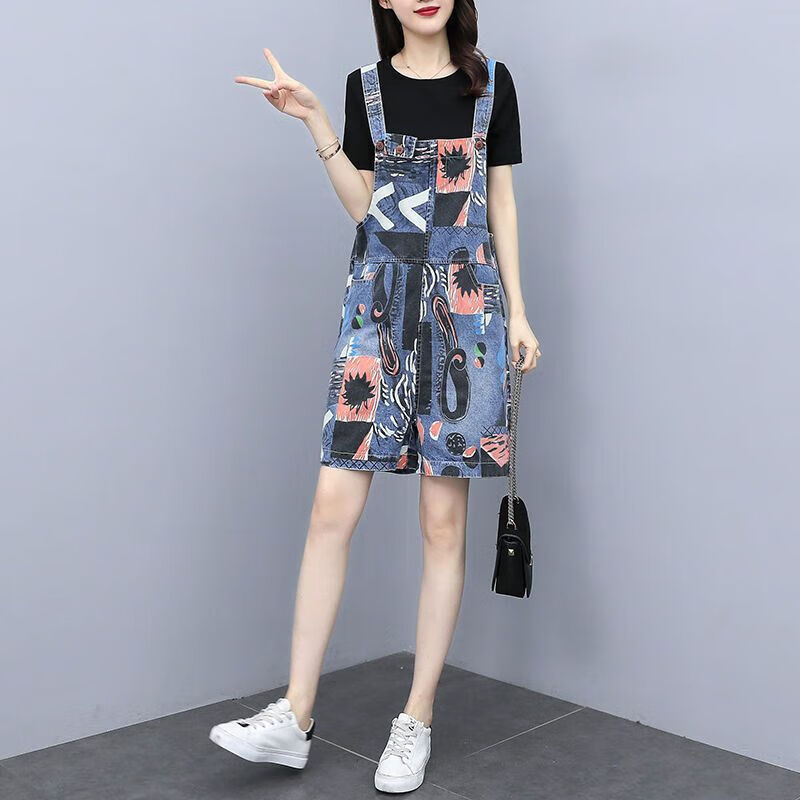 萬派摩胖MM大碼女裝夏季顯瘦外穿背帶褲百搭小個(gè)子牛仔褲 印花背帶褲 L