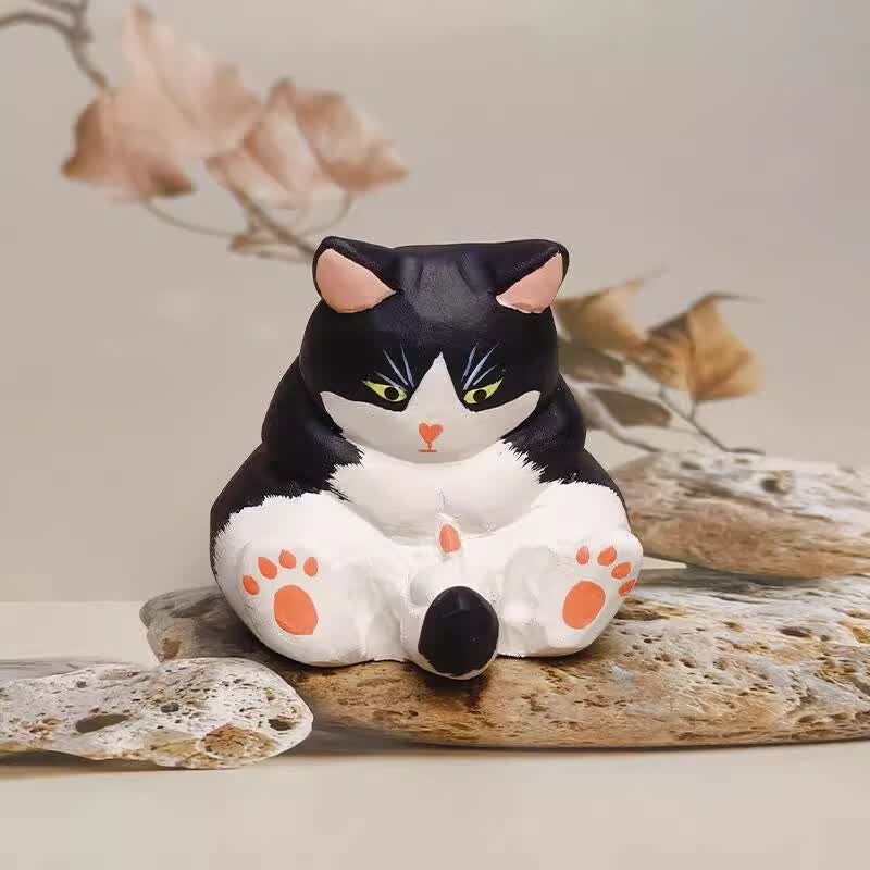 档小猫咪创意卡通公仔手工实心木雕潮玩桌面手办小摆件装饰 盯裆黑猫