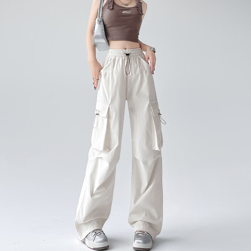 山头林村白色工装裤女夏季2025新款美式降落伞兵裤高腰直筒休闲速干运动裤 夏季米白色 夏季米白色 S  80-95斤