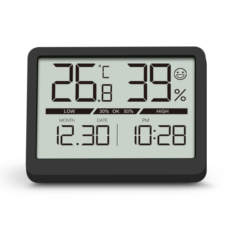 LCD家用温湿度计创意学生仪表 简约多功能床头数字温湿度时钟时间 黑色