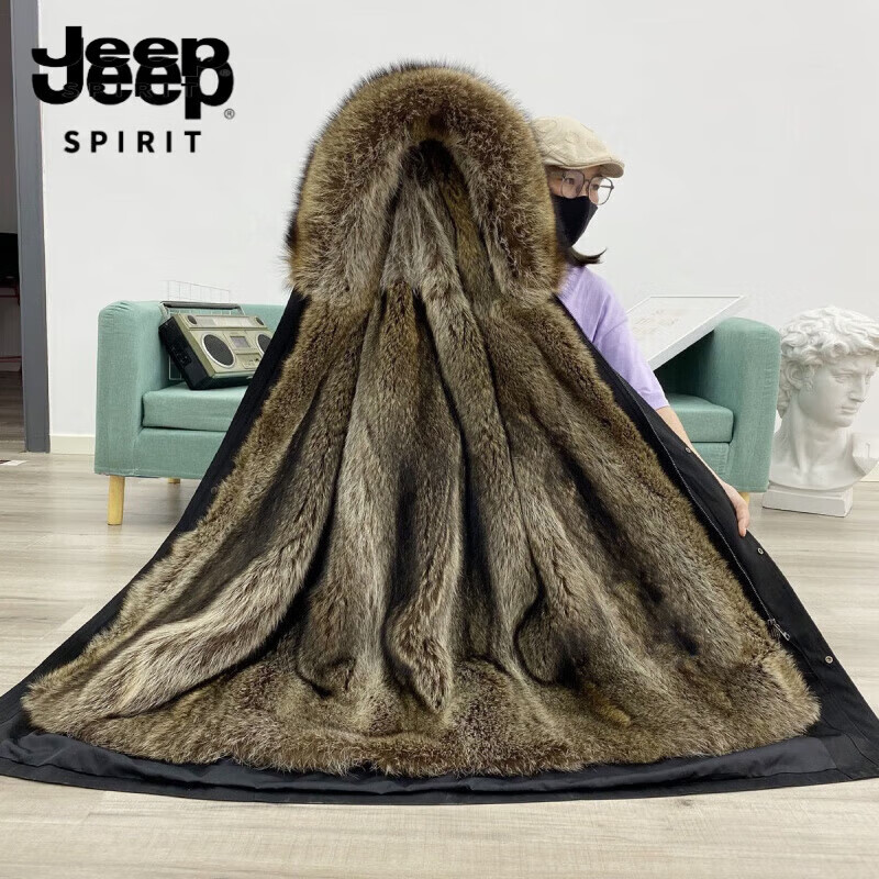 吉普（JEEP）派克服男士可拆卸內膽外套中長款皮草海寧皮衣水貂絨大衣加厚 貂皮大衣男黑殼+狼毛內膽 中長款 真皮皮衣十大排名M 建議90-110斤