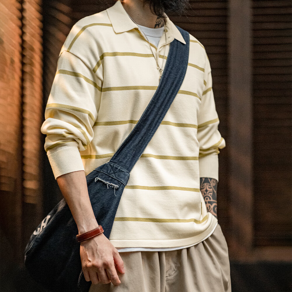 MADEN工装美式休闲条纹撞色针织polo衫男春季翻领半开襟男士长袖T恤 米杏色 【版型宽松】 L