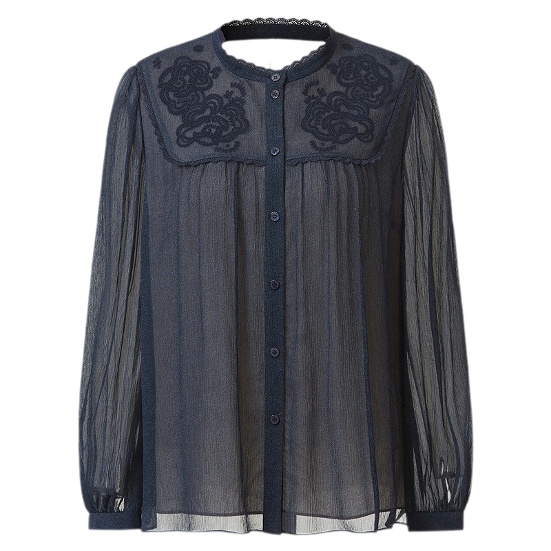 VGRASS輕奢真絲牛仔肌理繡花襯衫25春新款藍(lán)色獨(dú)特氣質(zhì)女士上衣 花青黛色 S