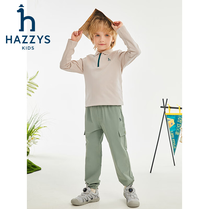哈吉斯(HAZZYS)品牌童装男童POLO衫春季新款舒适柔软透气撞条简约时尚长袖POLO衫 沙滩灰 165
