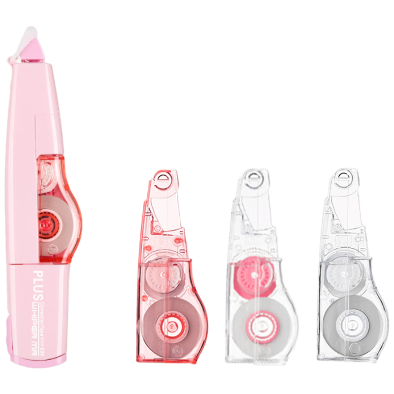 普乐士PLUS MR修正带24M大容量学生用涂改带可换替芯款改正带智能滚轮修正贴实惠装粉色 1本体+3替芯