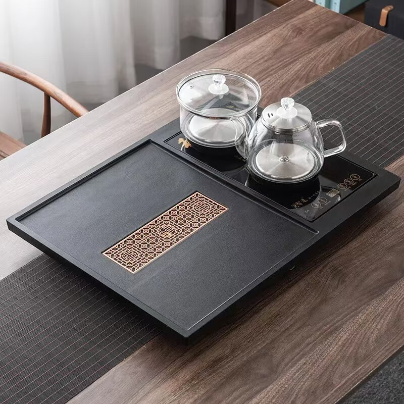 合成乌金石茶盘全自动一体烧水壶套装客厅办公室家用简约茶台茶具 海纳百川  （80*45cm开孔一体） 带玻璃烧水壶