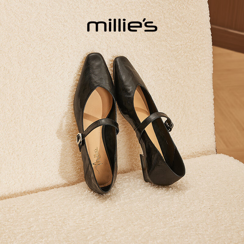 妙丽玛丽珍鞋女粗跟法式一字扣2026春季新款百搭通勤JK小皮鞋 黑色 37 (235mm) 标准码