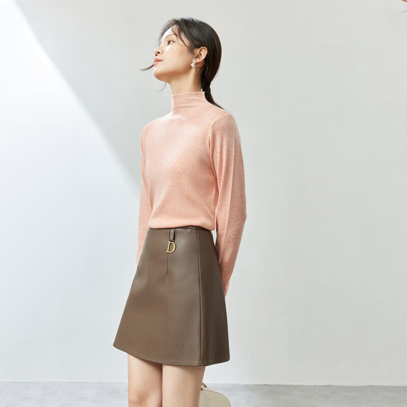 尚都比拉（Sentubila）半高領(lǐng)羊毛打底衫女秋季修身針織上衣緊身內搭毛衣女 粉色 S