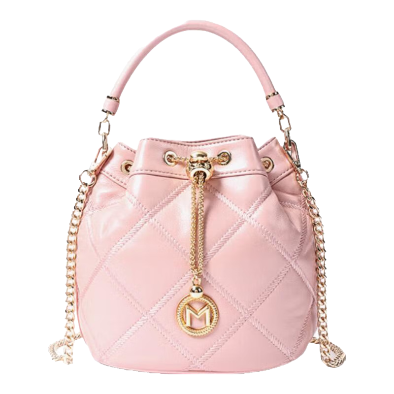 夢(mèng)特嬌（MONTAGUT）官方女包羊皮水桶包菱格真皮新款福袋鏈條手提斜挎包 芭蕾粉(繡線款)