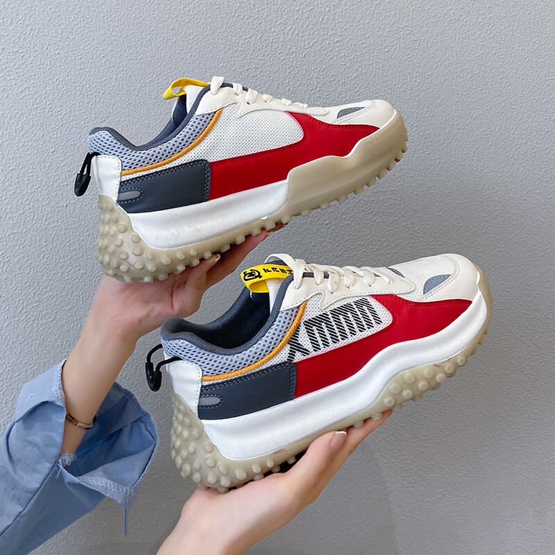 将远行女鞋运动鞋休闲鞋女春季新款网面透气老爹鞋舒适软底时尚跑步鞋女 红色 36 （尺码偏小，建议拍大一码）