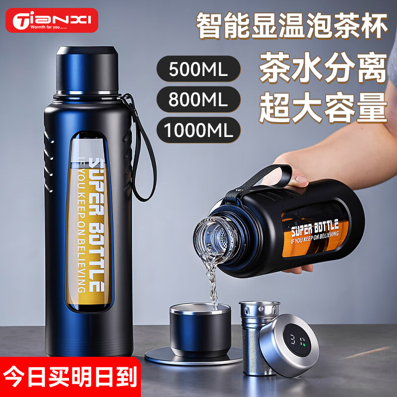 天喜玻璃杯大容量商务男士双层水杯子塑玻茶水分离泡茶杯礼物