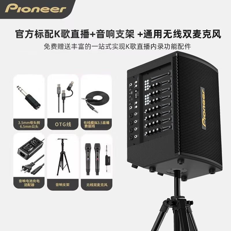 先锋先锋（Pioneer）先锋弹唱K歌直播音响乐器音箱专业乐队舞台演出大功率蓝牙声卡内录KTV大功率音响 600W大功率音响+支架无线双话筒