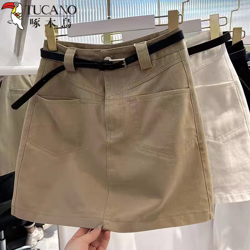 啄木鳥大碼彈力工裝牛仔半身裙女夏季胖mm防走光高腰顯瘦a字包臀短裙子 卡其色 沒有送腰帶 M 【建議100-110斤】