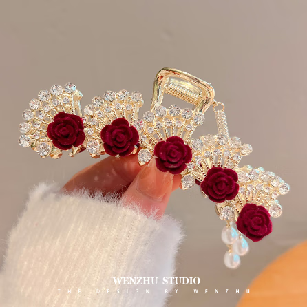 韩莱缇（HANLAITI）新款气质红色玫瑰花发夹女后脑勺盘发扭扭夹樱桃流苏发卡盘发神器 国风玫瑰抓夹