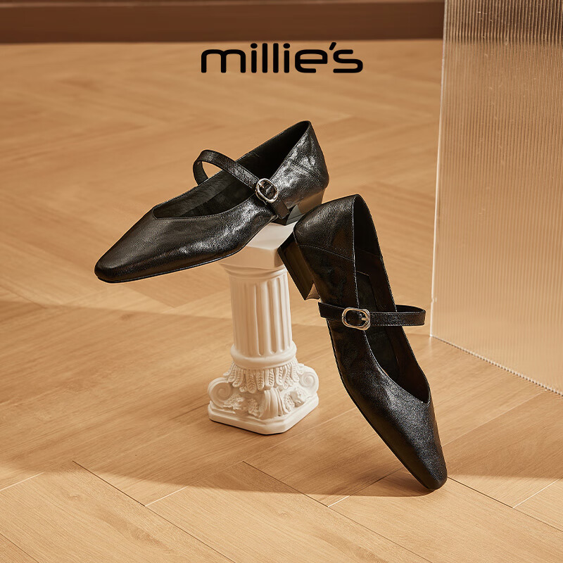 妙丽玛丽珍鞋女粗跟法式一字扣2025春季新款百搭通勤JK小皮鞋 黑色 39 (245mm) 标准码
