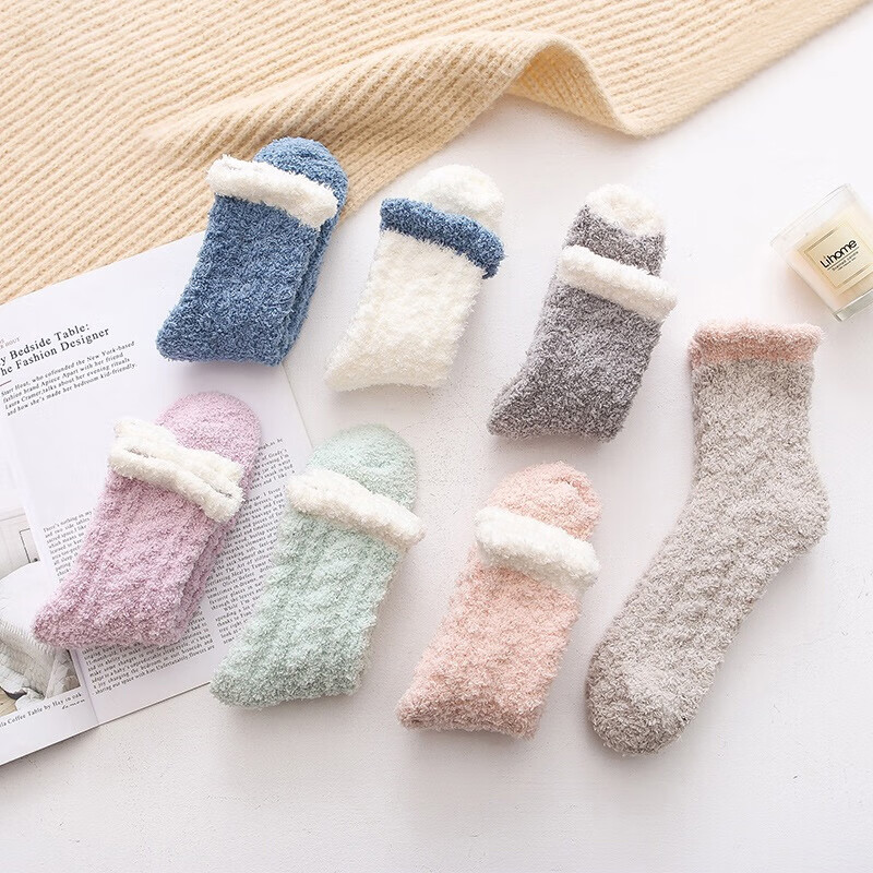 东方缘5双装加绒加厚保暖袜子女冬季可爱日系中筒地板袜月子睡眠袜 混色 5双
