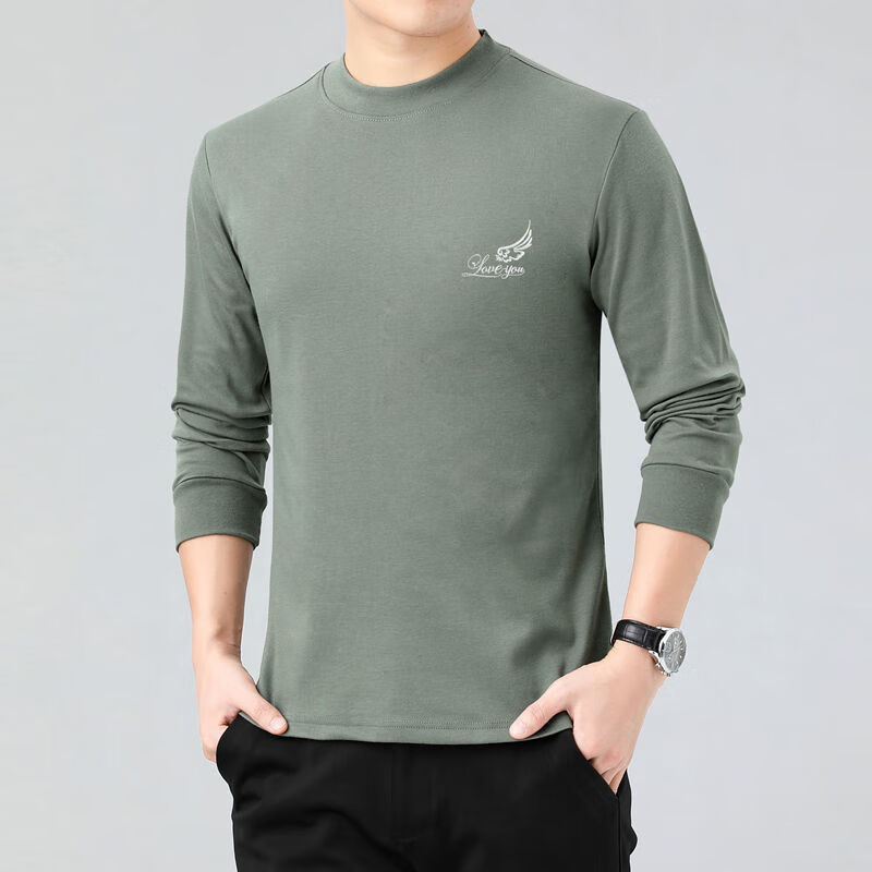 纯棉爸爸长袖t恤中老年秋衣上衣男半高领口袋中年冬天打底衫体恤 6606中绿灰 XL 135-150斤 京东折扣/优惠券