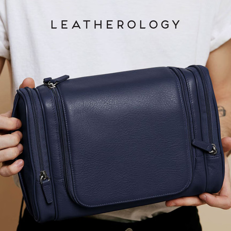 LEATHEROLOGY牛皮可挂式洗漱包男旅行收纳袋便携大容量手提化妆包定制老师礼物 玛瑙黑L号