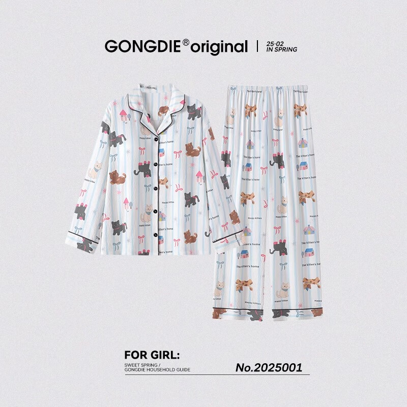 宫蝶25年秋季新品春秋季睡衣女长袖可外穿家居服可爱小狗套装带胸垫 小猫长袖套装（不可拆卸胸垫） XL (建议120-140斤)