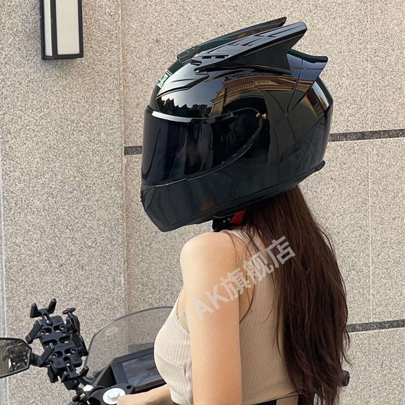 AFAK廠家摩托車頭盔街車全盔男女四季防霧個(gè)性冬機(jī)車電動(dòng)藍(lán)牙騎士 純黑亮+犄角（黑鏡 XL