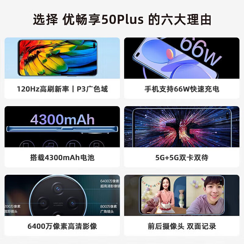 鸿蒙智选优畅享50Plus 5G全网通【全新未拆封+未激活+全国联保】120Hz高刷 66W快充 雅致黑 8GB+128GB 官方标配