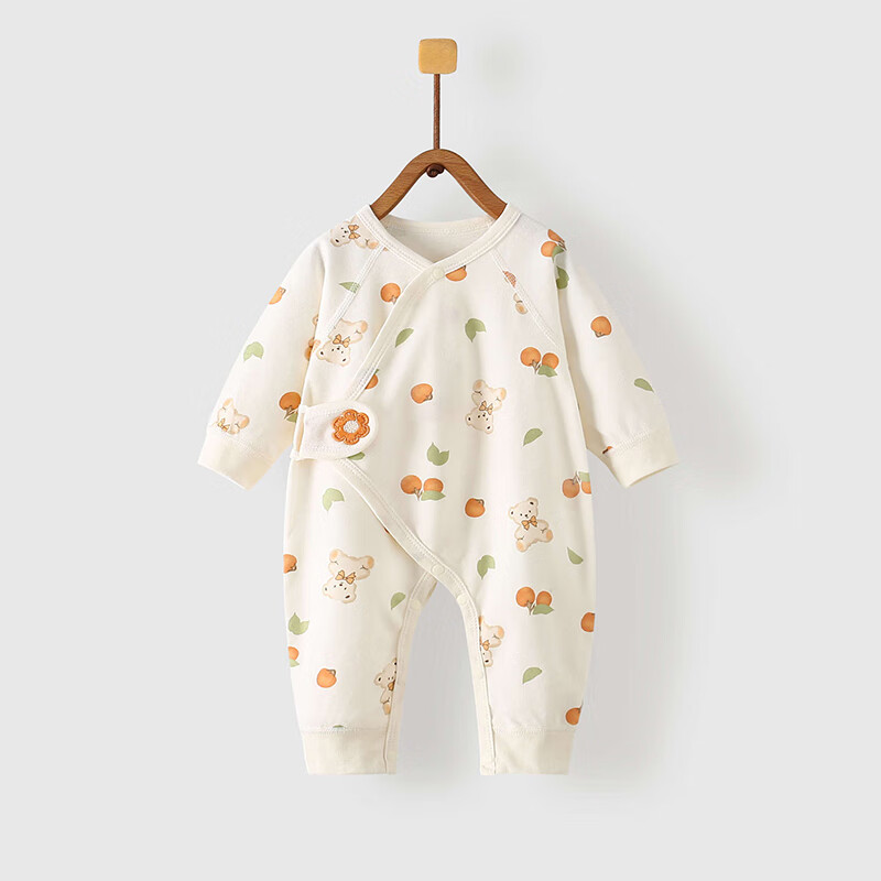 婧麒（JOYNCLEON）婴儿衣服春秋宝宝连体衣新生儿棉毛5A抗菌哈衣春秋纯棉蝴蝶衣打底 樱桃小熊 52cm