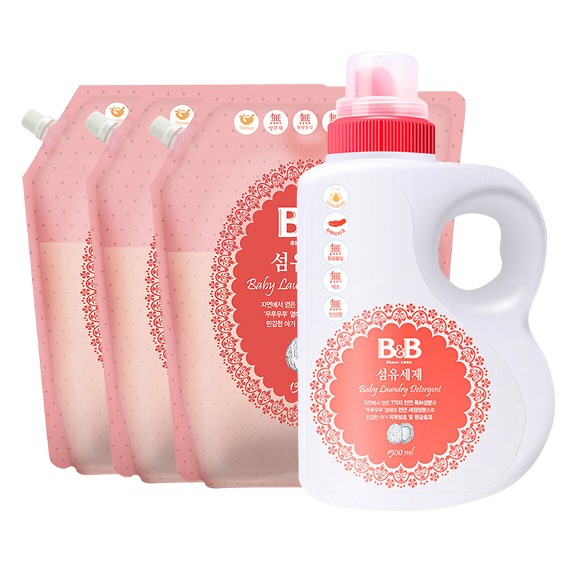 保寧（B&B） 韓國進口嬰兒洗衣液促銷裝 新生兒寶寶內(nèi)衣尿布清潔衣物洗滌劑 1500ml瓶裝+1300ml*3袋裝