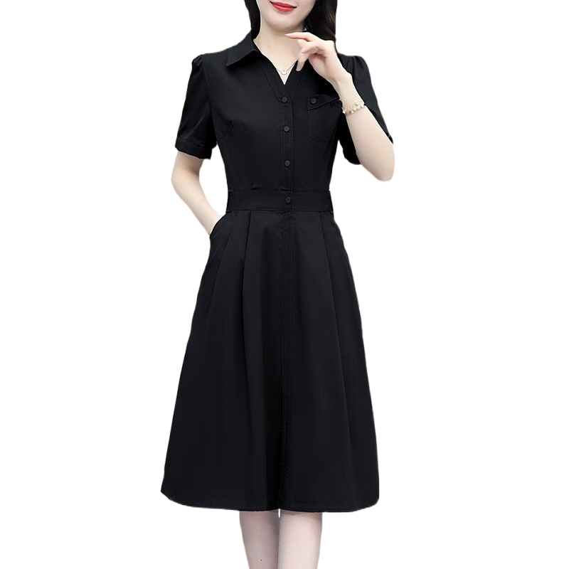 皮爾卡丹（pierre cardin）裙子2025新款春夏女裝中青年MM氣質(zhì)減齡顯瘦有口袋純色襯衫連衣裙 黑色 3XL (120)