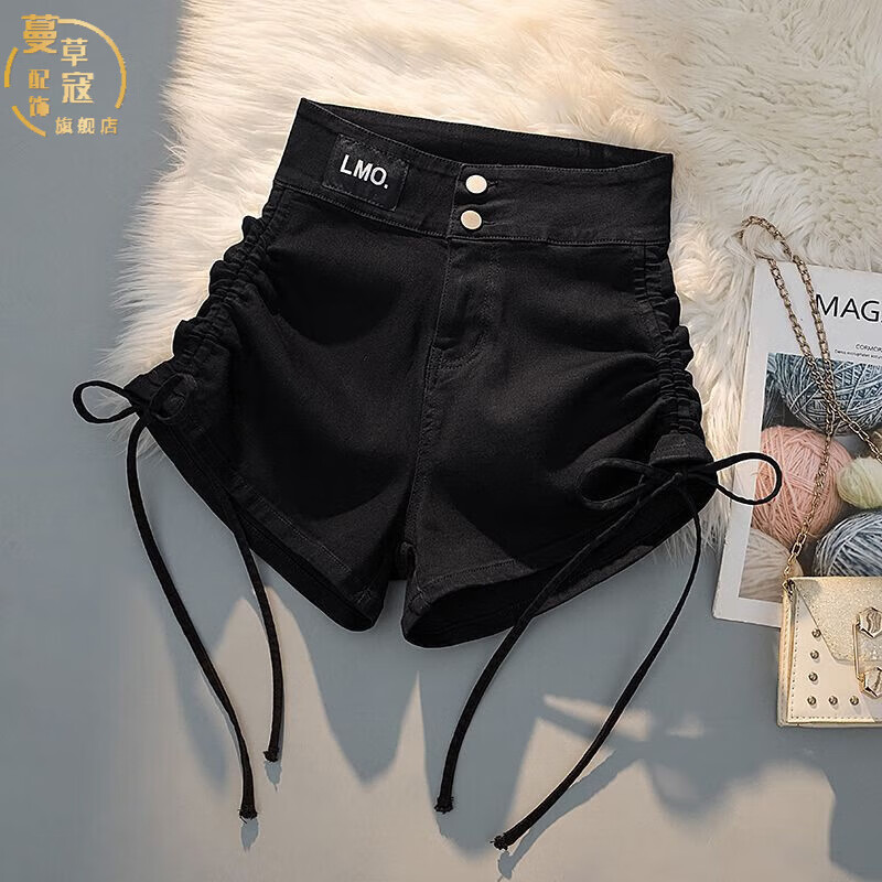 蔓草寇綁帶抽繩牛仔短褲女夏季高腰顯瘦包臀美式休閑短褲女團辣妹超短褲 黑色 L
