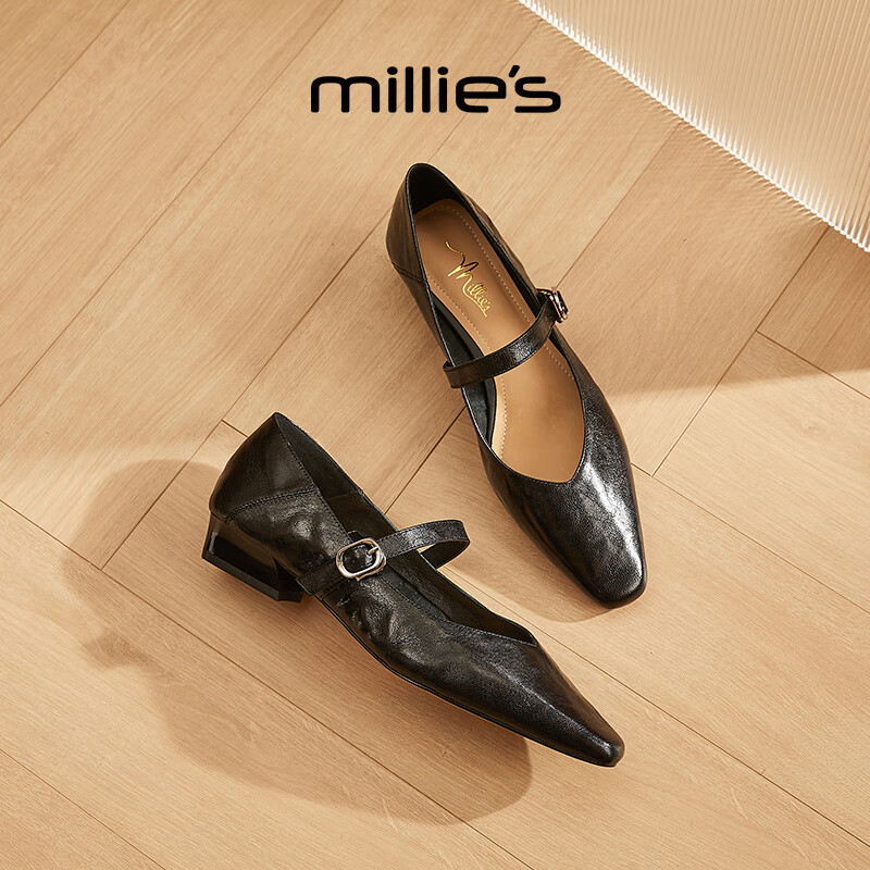 妙丽玛丽珍鞋女粗跟法式一字扣2025春季新款百搭通勤JK小皮鞋 黑色 39 (245mm) 标准码