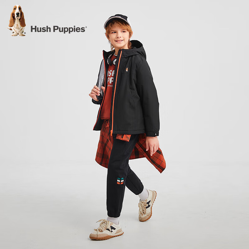 暇步士（Hush Puppies）童装儿童男女童秋季厚外套摇粒绒内里保暖时尚休闲厚风衣 钻石黑 160