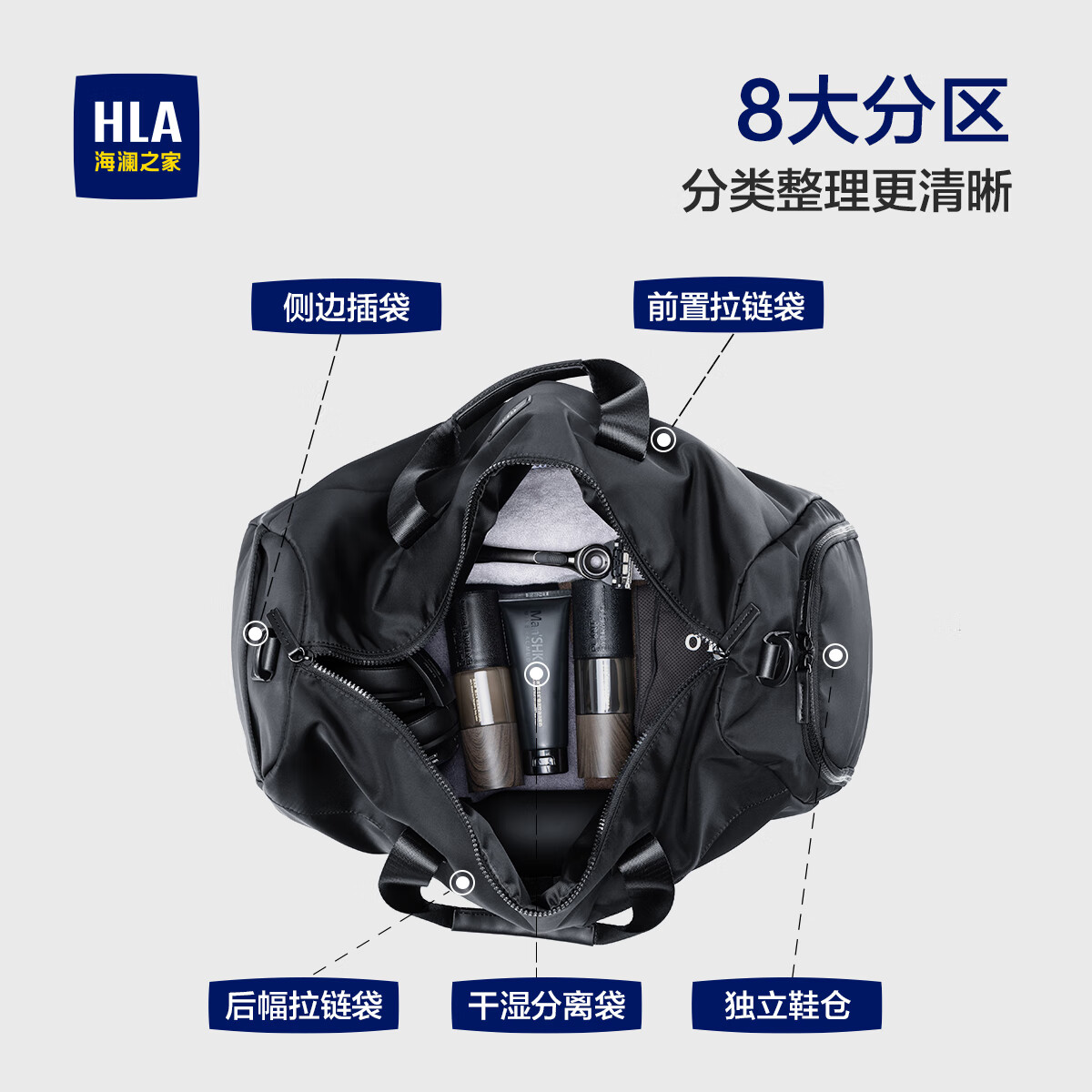 海澜之家旅行包男手提斜跨包干湿分离防泼水行李包出差短途行李袋大容量 黑色中号【25L容量+干湿分离袋】