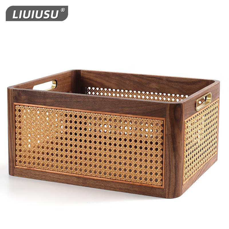LIUIUSU手工实木藤编收纳篮 黑胡桃木高级轻奢衣物收纳筐桌面整理杂物筐 藤木筐-大号高款（45*30*20cm） 京东折扣/优惠券