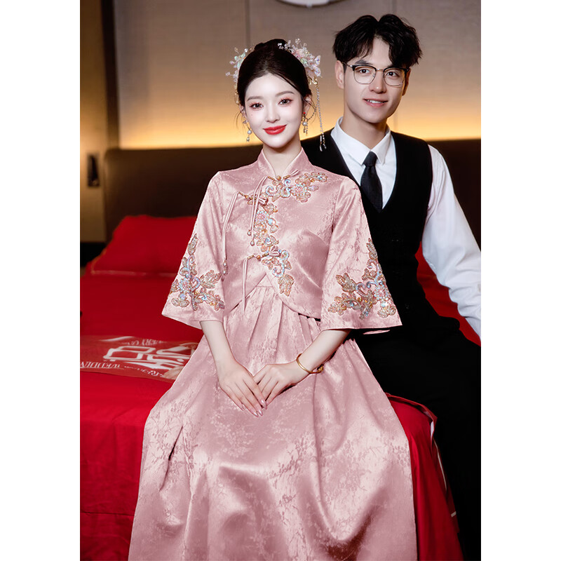 艾方鳥（AIFANGNIAO）孕婦敬酒服新娘結(jié)婚禮服新中式旗袍大碼胖mm高腰遮肚回門便裝 粉紅色X0507 XL