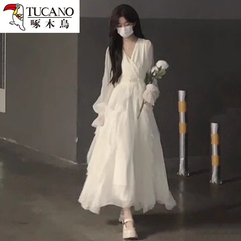 啄木鸟温柔风白月光连衣裙仙女超仙感法式气质初秋清纯白色长袖裙子 连衣裙 XL