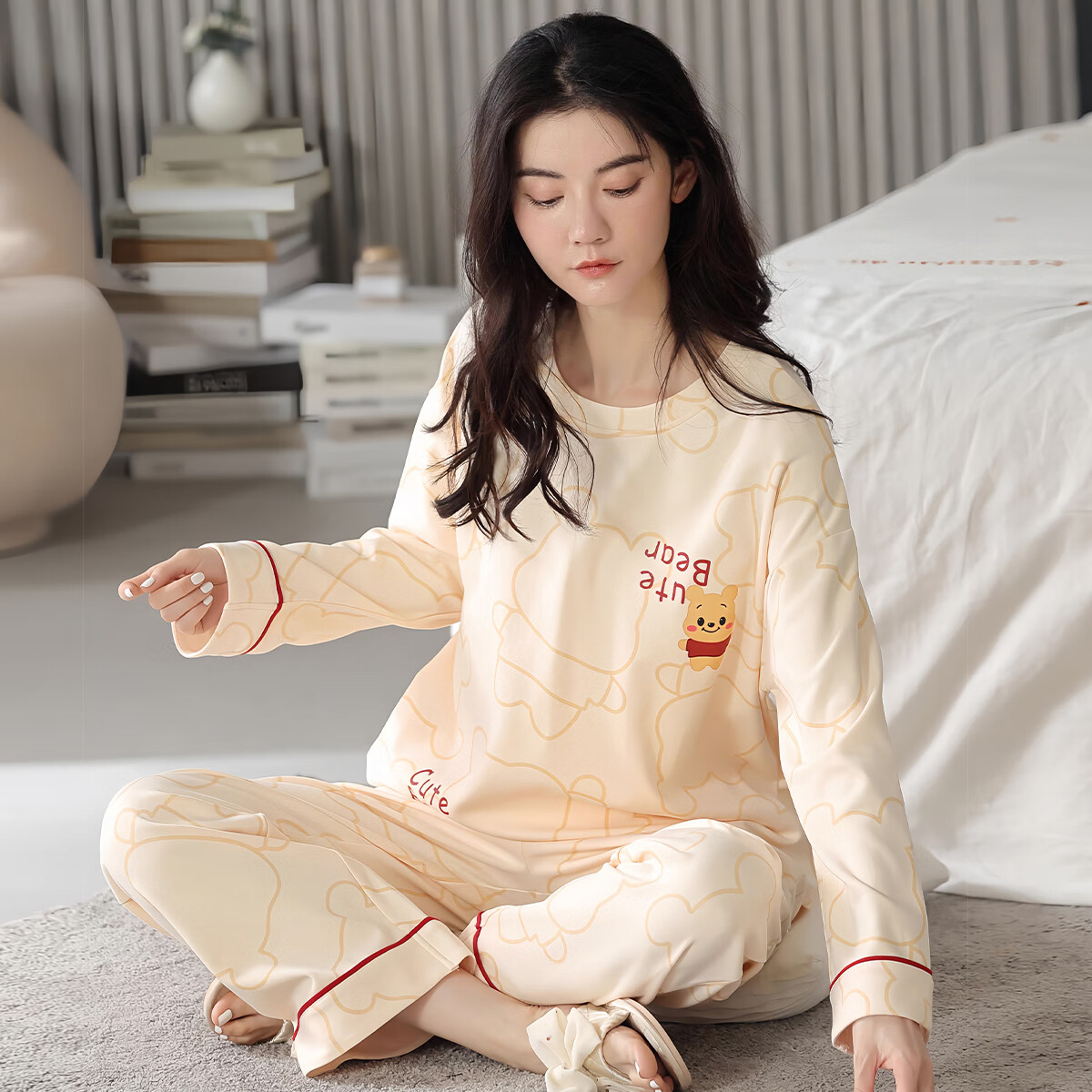 紫色花语【25年新款】带胸垫睡衣女士春秋长袖睡裤简约可外穿家居服 乳白色 M （推荐80-100斤）