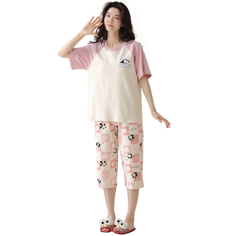 百亿补贴:芬腾可安(FENTENGCARE)带胸垫睡衣女士夏季100%纯棉可外穿短袖圆领套头家居服休闲套装Q379.9元