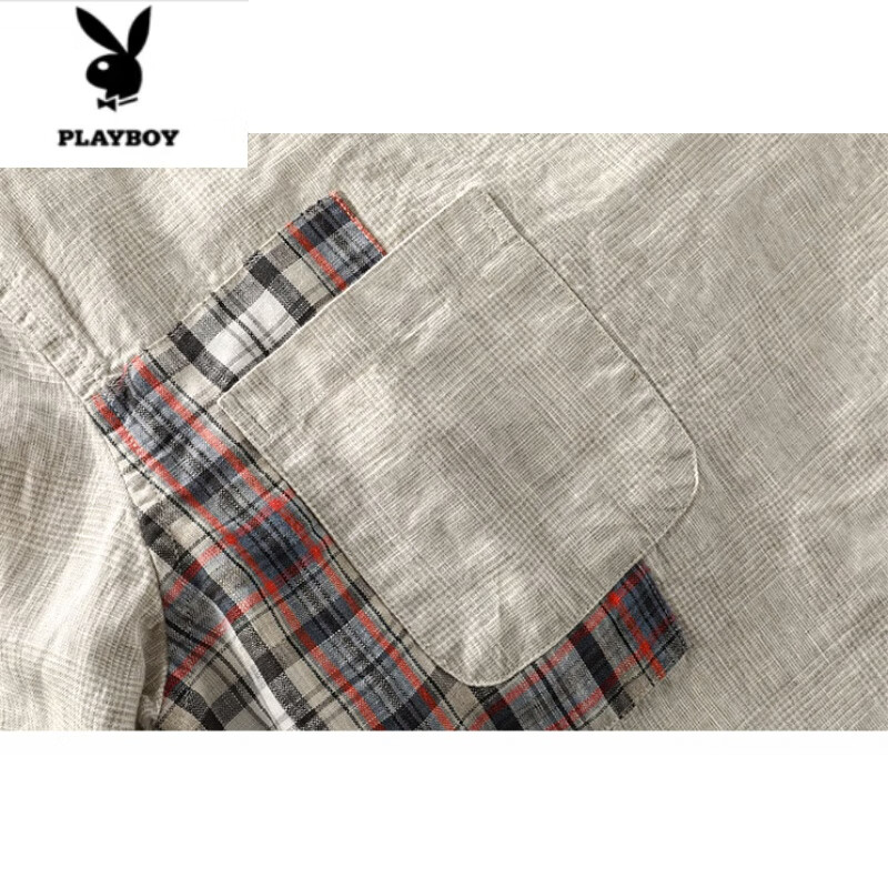 花花公子（PLAYBOY）中国风亚麻t恤男短袖棉麻口袋上衣夏季薄款拼接宽松男装体恤男潮 灰色 4XL 建议190-210斤