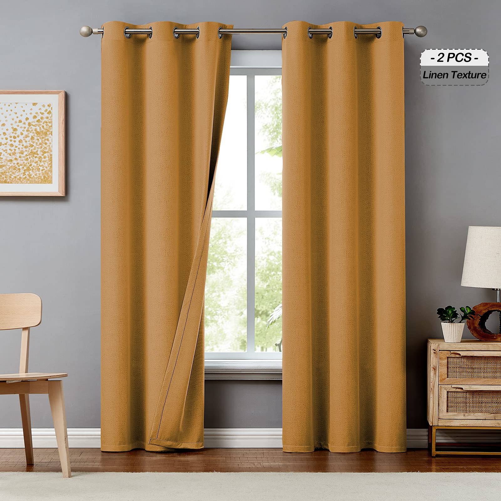 melodieux 亚麻黄色遮光窗帘 63 英寸 粗麻布